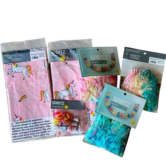 Other - NEW Unicorn Party Decor Lot  - Tablecloths, Garlands, Glitter Necklace Favors